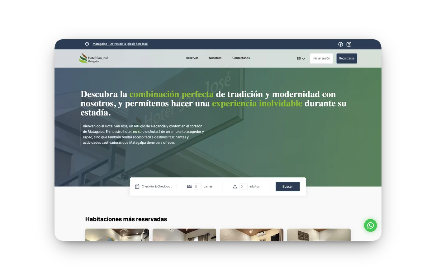 Captura de pantalla de la plataforma de reservas del Hotel San José Matagalpa